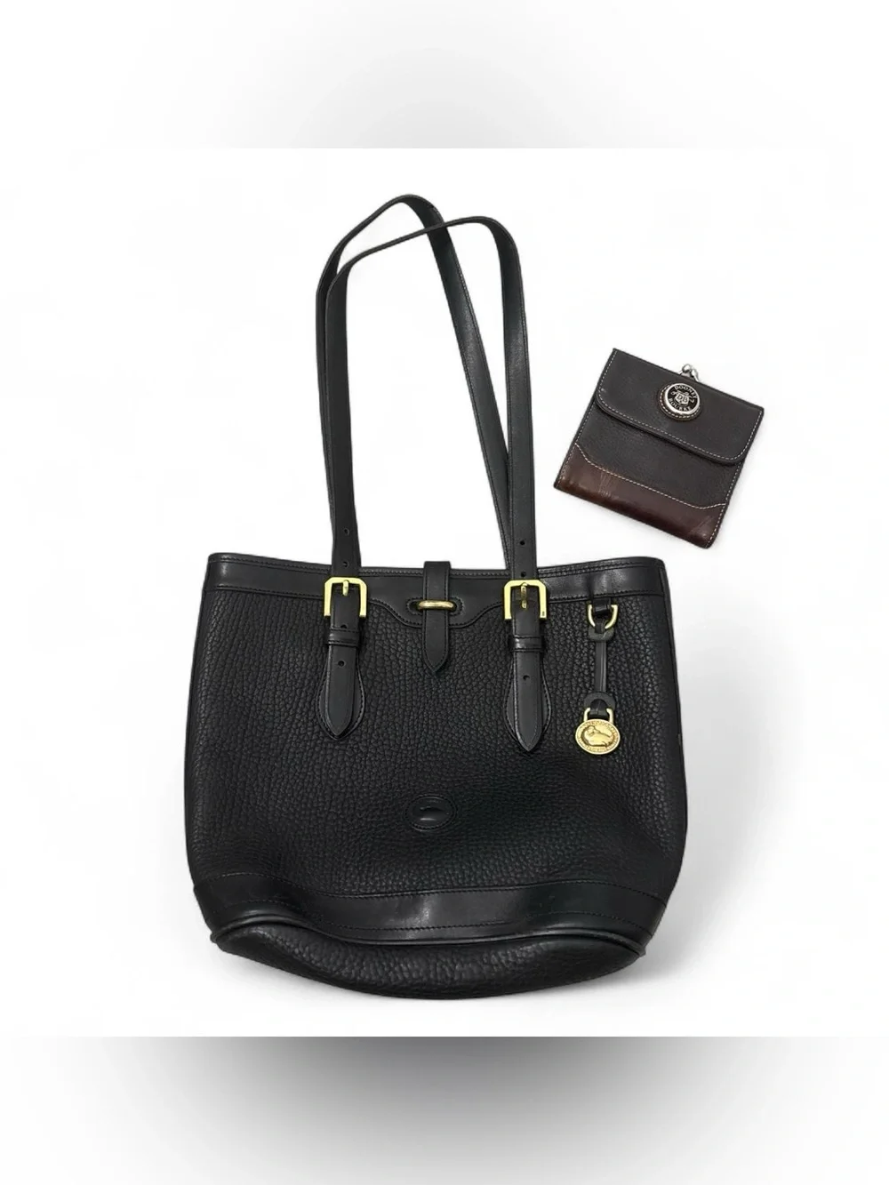 Vintage Dooney & Bourke Small Black Pebbled Bucket Bag with Brown Pebbled Wallet